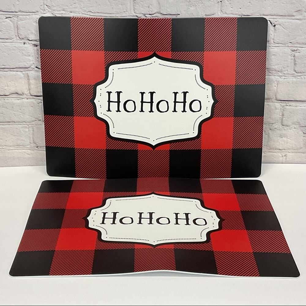 Christmas Placemats "Ho Ho Ho" Set of 4 Buffalo Plaid Red/Black Vinyl Farmhouse